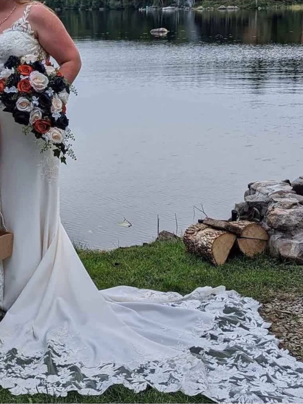 Elegant Lace-Trimmed Wedding Gown in White
